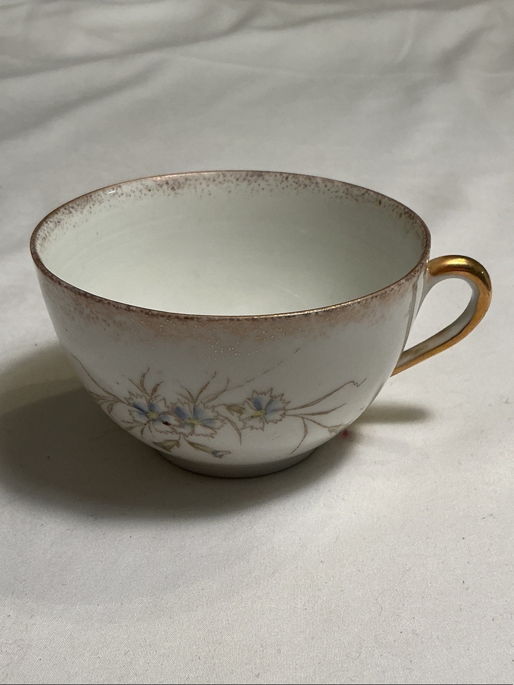 Antique White Tea Cup with Gold Handle and Pale Blue Floral Motif